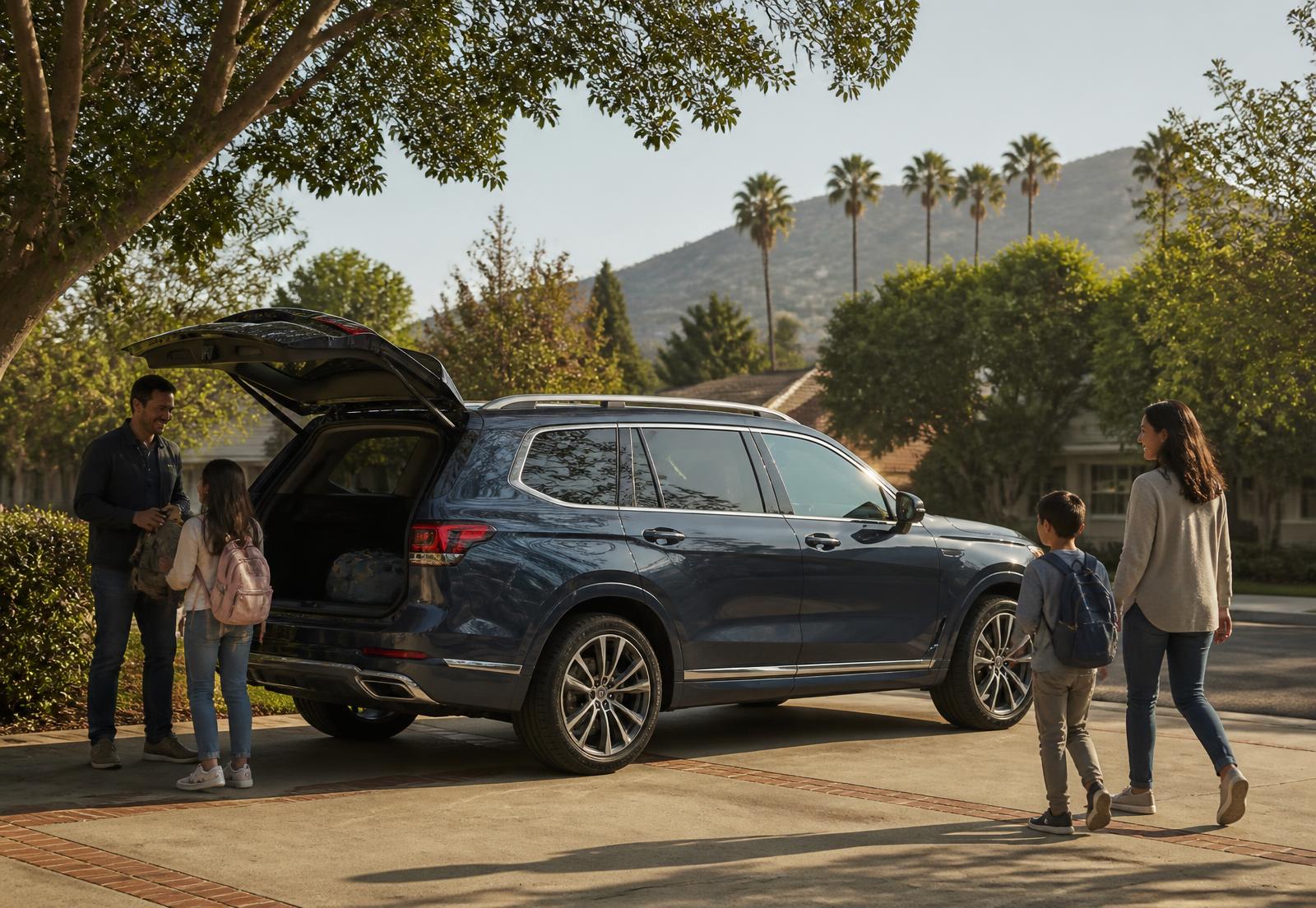 A car parked in the driveway of a suburban California home